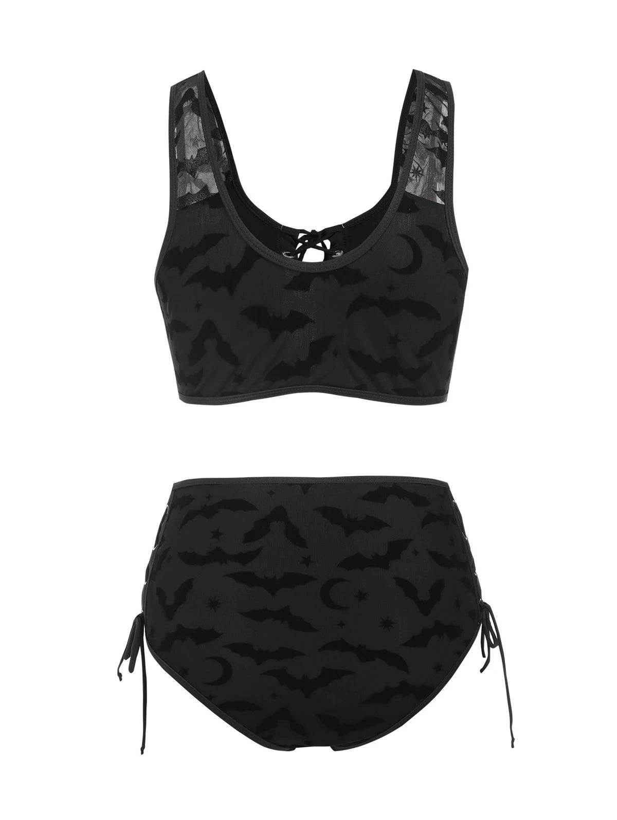 Dressfo Women's Gothic Bikini Swimsuit Bat Crescent Star Print Bathing Suit Cinched Mesh Lace Up Cut Out Swimwear Two Piece Set