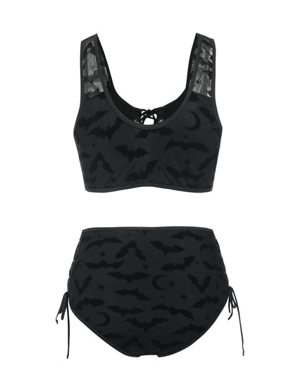 Dressfo Women's Gothic Bikini Swimsuit Bat Crescent Star Print Bathing Suit Cinched Mesh Lace Up Cut Out Swimwear Two Piece Set