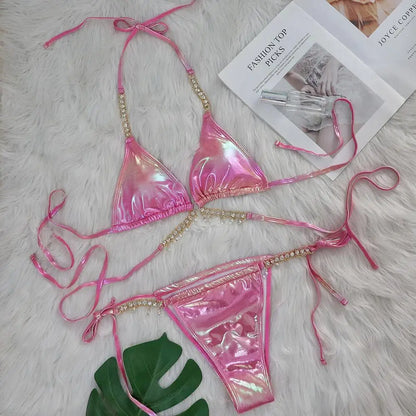Sexy Halter Shiny Diamond Bikini Women Swimwear Female Swimsuit Laser Metallic Bikini Set Brazilian Bathing Suit Swim Beach Wear