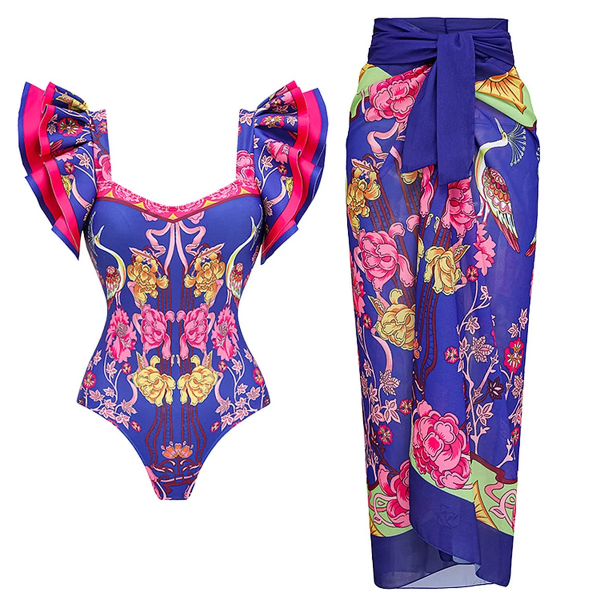 Printed Ruffle One Piece Swimsuit With Cover Up Sexy Swimwear Women Flat Belly Swim Suits Bathsuit Belt Bodysuit Beach Outing