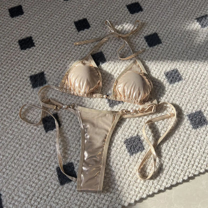 Shiny Pink Micro Bikini Set Mujer Women Sexy Push Up Thong Swimsuit Summer Bathing Suit Bandage Holiday Swimwear Women Biquine