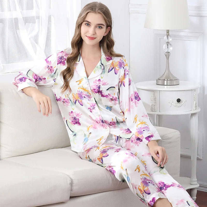 Birdtree Fall 16MM 100%Real Silk Pajama Set Women Satin Print Pyjama Pj Suit Long Sleeve Bedroom Sleepwear Set P36637QC