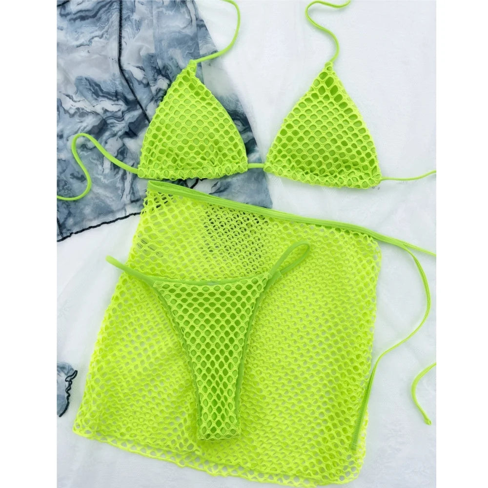 Sexy Mesh Bikini Thong Hollow Out Y2K Swimsuit Women Backless Cover Up Halter Swimwear 3 Piece Beach Outfit Bikinis Bathing Suit