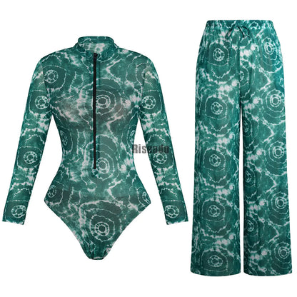 Riseado Mesh Swimsuit with Long Pants & Swimdress Long Sleeve Mesh Beachwear Sexy High Waist Bathing Suit Smart Beach Clothing