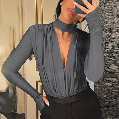 BornToGirl Sexy Slim Bodysuit Women Elegant Black Red Green Long Sleeve V Neck One Pieces Bodysuits Jumpsuit Tops Body Suit Y2K