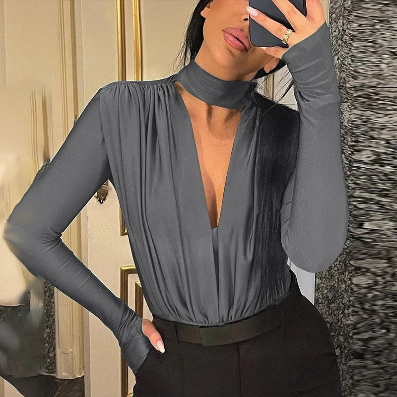 BornToGirl Sexy Slim Bodysuit Women Elegant Black Red Green Long Sleeve V Neck One Pieces Bodysuits Jumpsuit Tops Body Suit Y2K