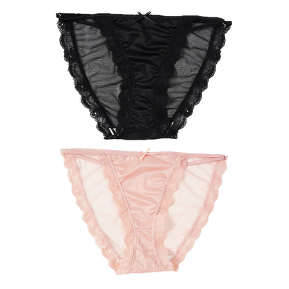 2PCS Mesh Satin Half Pack Panties Women's Ice Silk Low Rise Soft Intimates Breathable Sexy Lace Underpants Light Silky Briefs