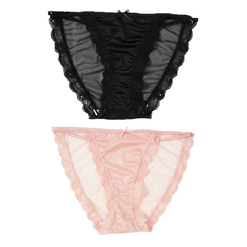 2PCS Mesh Satin Half Pack Panties Women's Ice Silk Low Rise Soft Intimates Breathable Sexy Lace Underpants Light Silky Briefs