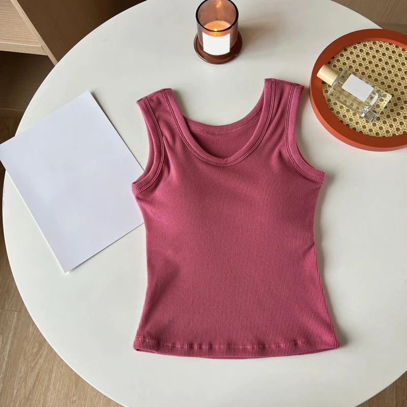Women Solid Basic T-shirts Summer Vest Bra Tops With Pad Streetwear Y2K Elastic Rib-Knit Sleeveless Casual Tank Tops Female