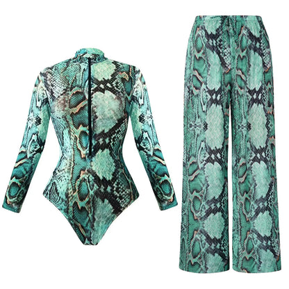 2025 Mesh Swimsuit with Long Sleeves Sexy One Piece Slimming Bathing Suit with Skirt & Long Pants Bodysuit Smart Beach Clothes