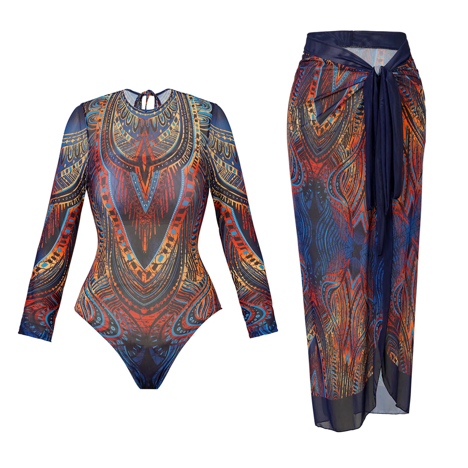 Vintage Mesh Print Swimming Suit for Women Long Sleeve High Waist One Piece Swimsuit 2025 Beach Bathing Suit Купальник