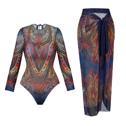 Vintage Mesh Print Swimming Suit for Women Long Sleeve High Waist One Piece Swimsuit 2025 Beach Bathing Suit Купальник