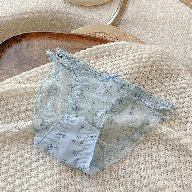Women's panties Cross waistband Hipsters Low Rise Lace Strappy Panties Transparent Mesh Floral Pattern Sweet Bowknot Underwear B