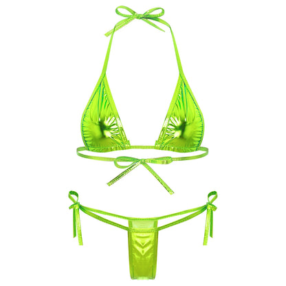 Womens Brazilian Micro Bikini Swimsuit Metallic Shiny Lacing Non-Padded Triangle Cup Bra Top with G-String Swimwear Biquini Set