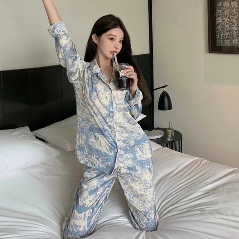 2023 Autumn New Ice Silk Women Pajama Lapel Button Cardigan Outfits for Women 2 Piece Set Fashion Printing Set Clothes for Women