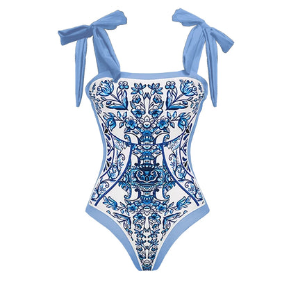 Printed Ruffle One Piece Swimsuit With Cover Up Sexy Swimwear Women Flat Belly Swim Suits Bathsuit Belt Bodysuit Beach Outing