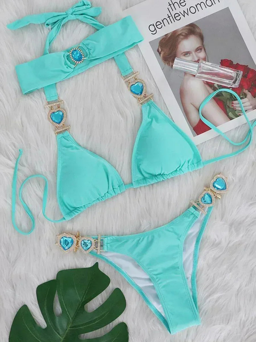 2025 Shiny Rhinestone Diamond Bikini Women Swimsuit Female Swimwear Two Pieces Bikini Set Halter Metal Chains Bathing Suit Swim