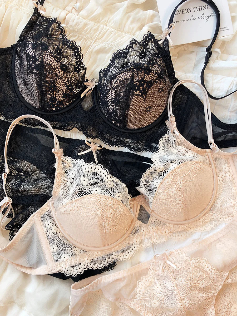 New Women Lingerie Set Sexy Lace Push Up Bra French 3/4 Thin Cup Bralette Cute Bow Decoration Underwear Comfort Bras Briefs Sets