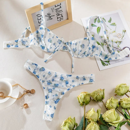 Krasapt French Style Blue Flower Printing Lingerie 2 Pcs Sets Romantic Mesh See Through Bras And Panties Suits Delicate Bilizna