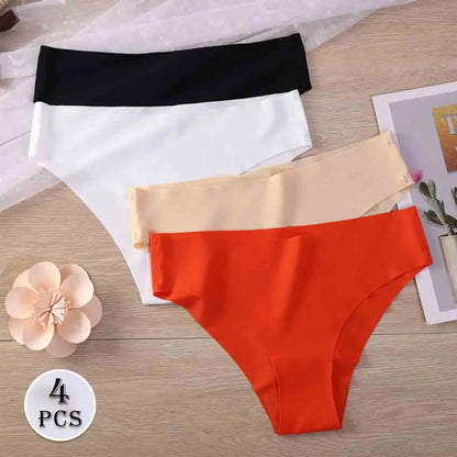 4 Pack Women Seamless Thongs No Show V-waisted Stretch Breathable Sexy Panties Underwear