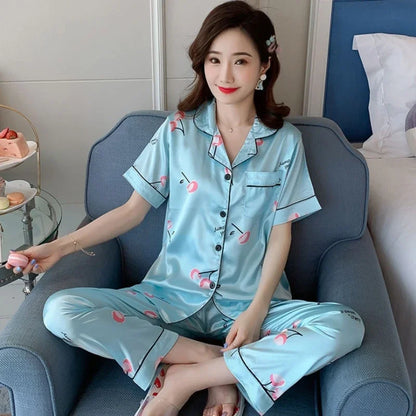 Satin Silk Pajamas Set for Women Cartoon Print Turn-down Collar Short Sleeve Top+Long Pants Matching Sets Homewear Plus Size 5XL
