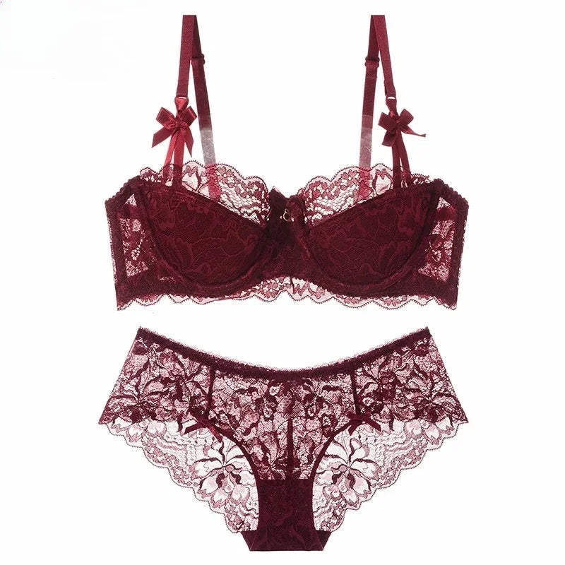 MOYISU Summer Lingerie Set Sheer French Lace Minimiser Bra Briefs Ultra Thin Sexy Women's Underwear Big Bust Sexy Tushy & Panty