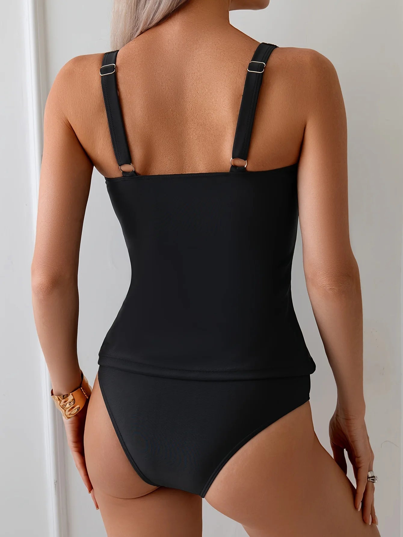 Black Modest Two-Piece Swimsuit for Women Tummy Control Slimming Swimsuit with Ruffled Neckline and Straps Summer Beach Swimwear