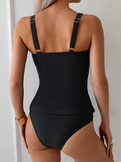 Black Modest Two-Piece Swimsuit for Women Tummy Control Slimming Swimsuit with Ruffled Neckline and Straps Summer Beach Swimwear