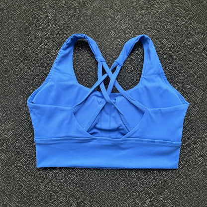 Solid Color Butter Cross Back Soft Push Up Gym Yoga Underwear Women Hollow back shoulder strap Fitness Tight sport Bra Top pad