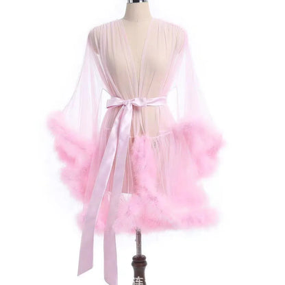 Sexy Feather Robe Seductive Mesh Bathrobe Fashion Long Sleeve Plush Spliced Thin Lingerie Female Underwear Nightgown Sheer Robe