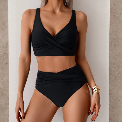 Women Sexy Bikini Summer Twist Front Ruched High Waisted Two Piece Beach Slimming Vacation Swimwear Bathing Suit