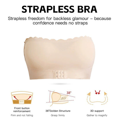 Women's Strapless Front Closure Bra Wireless Bandeau Non-slip Underwear Wavy Edge Chest Wraps Padded Push Up Tube Top Bralette