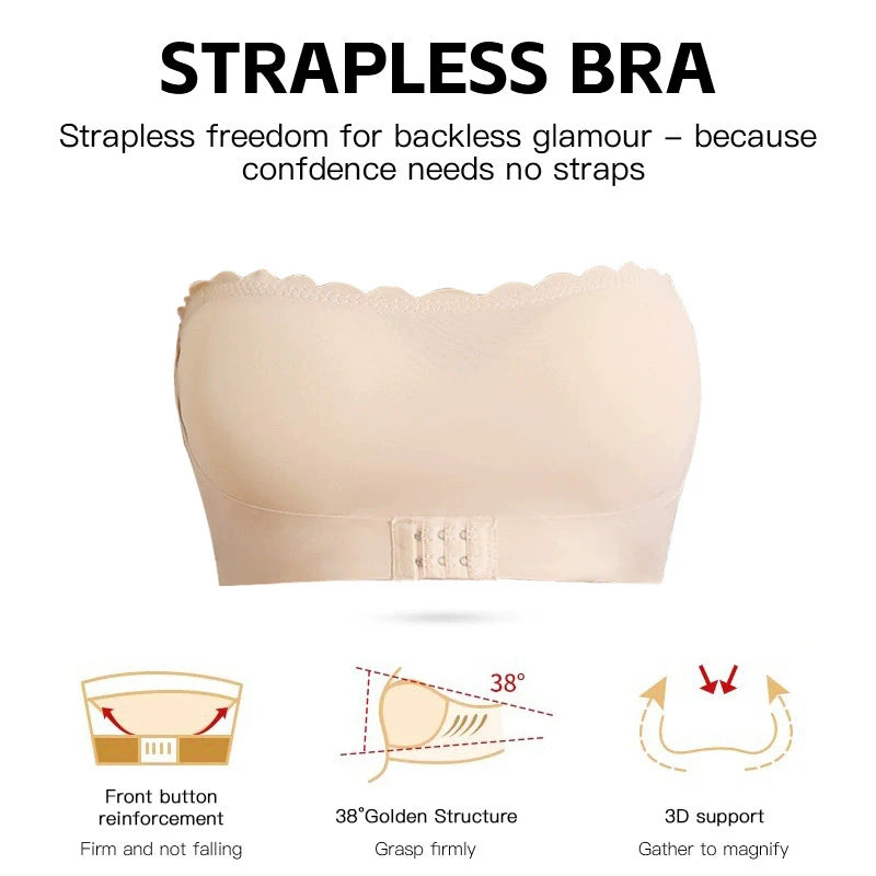 Women's Strapless Front Closure Bra Wireless Bandeau Non-slip Underwear Wavy Edge Chest Wraps Padded Push Up Tube Top Bralette