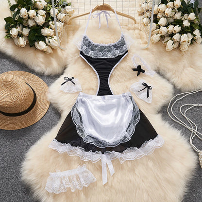 Women Strap Hollow Out Backless French Style Striped Erotic Playsuits Cosplay Slim Fit Underwear Black Lingerie Sexy Bodysuits