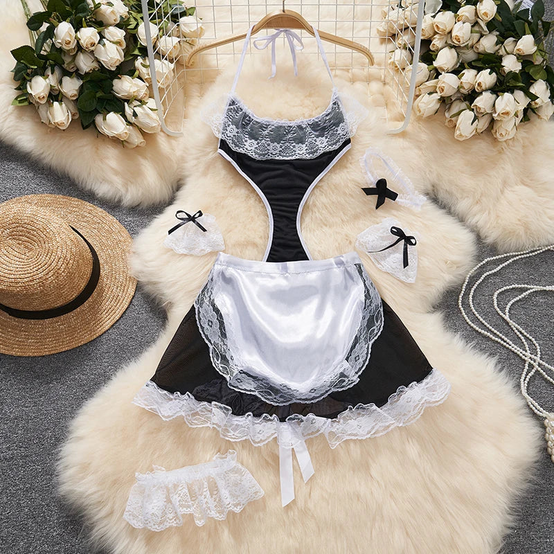 Women Strap Hollow Out Backless French Style Striped Erotic Playsuits Cosplay Slim Fit Underwear Black Lingerie Sexy Bodysuits