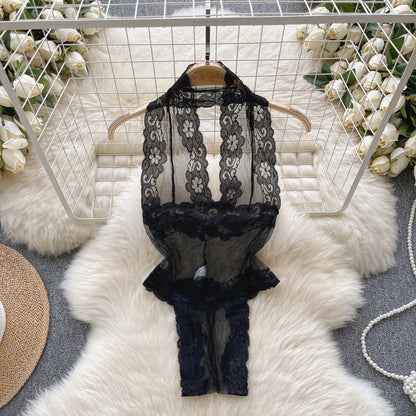 Women Strap Hollow Out Backless French Style Striped Erotic Playsuits Cosplay Slim Fit Underwear Black Lingerie Sexy Bodysuits