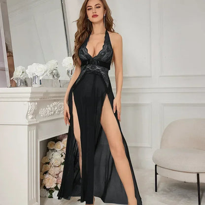 Sexy Lace Mesh Slit Night Dress Backless Strap Long Skirt Women Nightgowns Sexy Lingerie Women's Pajamas Long Dress