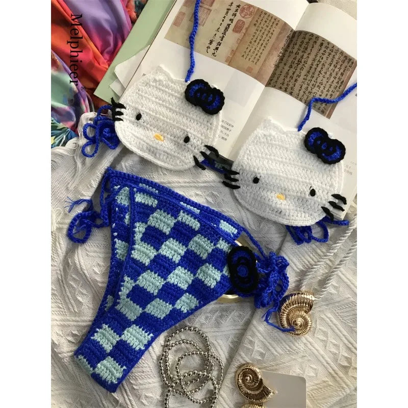 Sanrio Crochet Bikini Set Cute Girls Swimsuits Hello Kitty Sexy Bathing Suit Micro Ties Bikinis Beachwear Women Swimming Suit