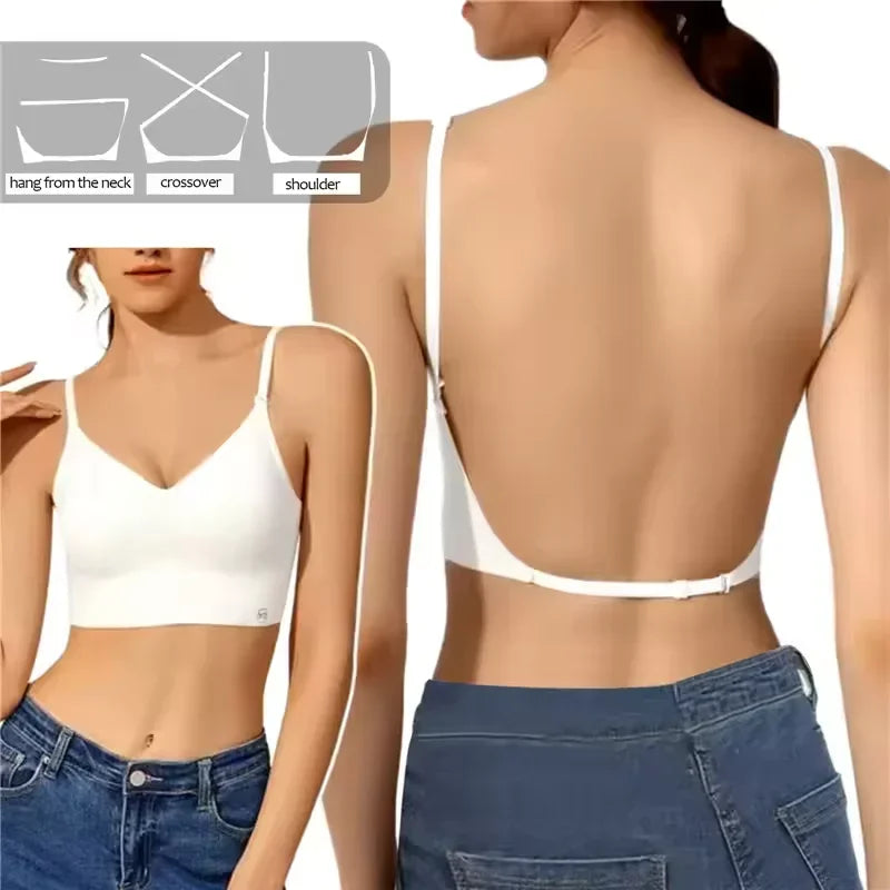 Women Invisible Bra Deep U Plunge Bras Backless Top for Dresses Sexy Lingerie with Transparent Strap Push Up Strapless Underwear