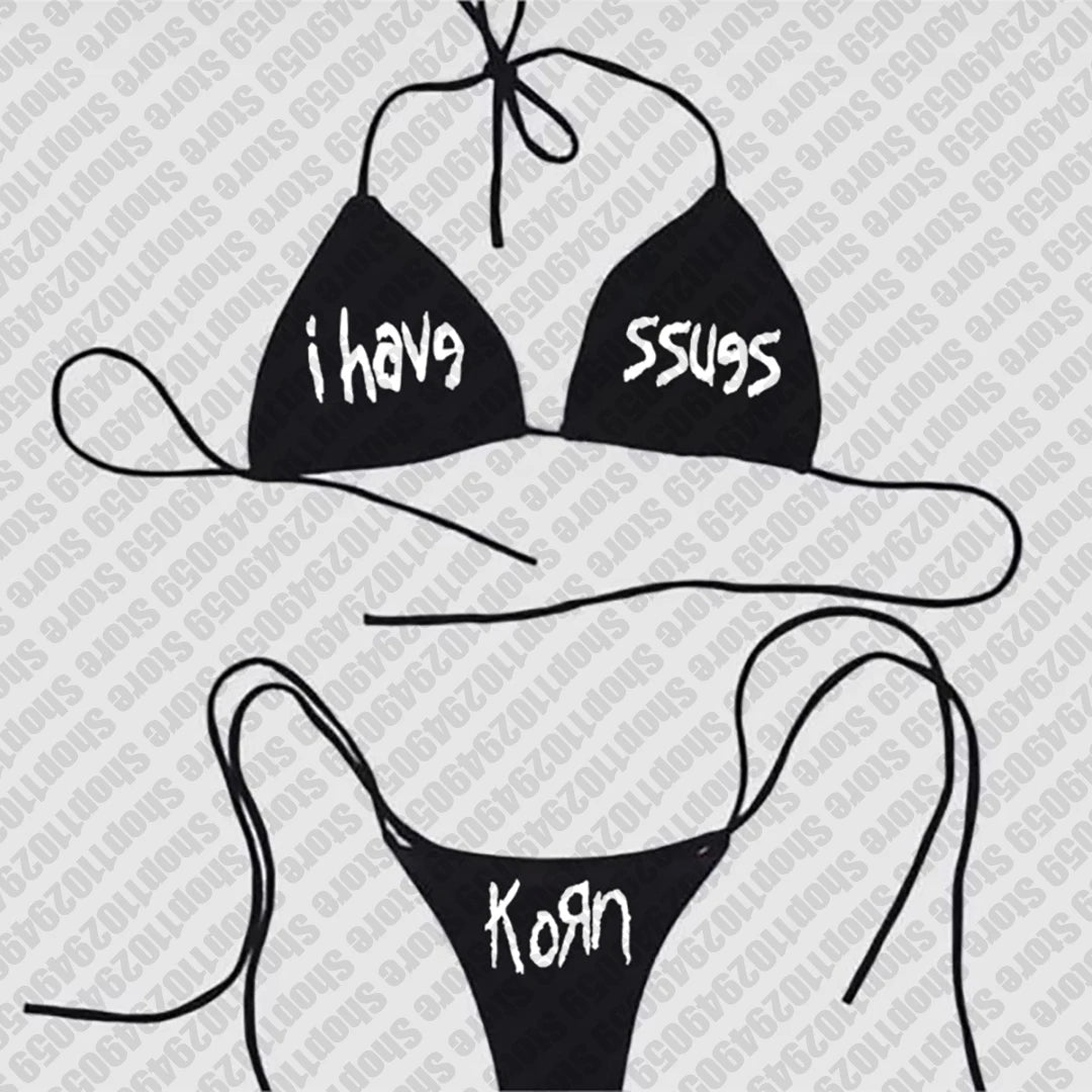 2000s  Woman Punk New Beach Swimwear Emo Girls Y2k Style Gothic Grunge Swimsuit  Bikini Y2K Bathing Suits Halter Strappy Lace Up