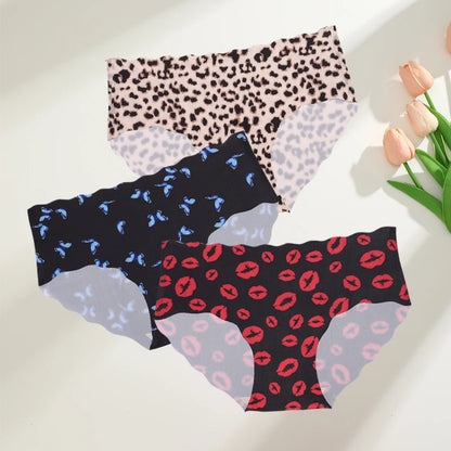 FINETOO 3Pcs Seamless Print Underwear for Women Sexy Leopard Butterfly Briefs Female Ice Silk Panties Comfortable Lingerie S-XXL