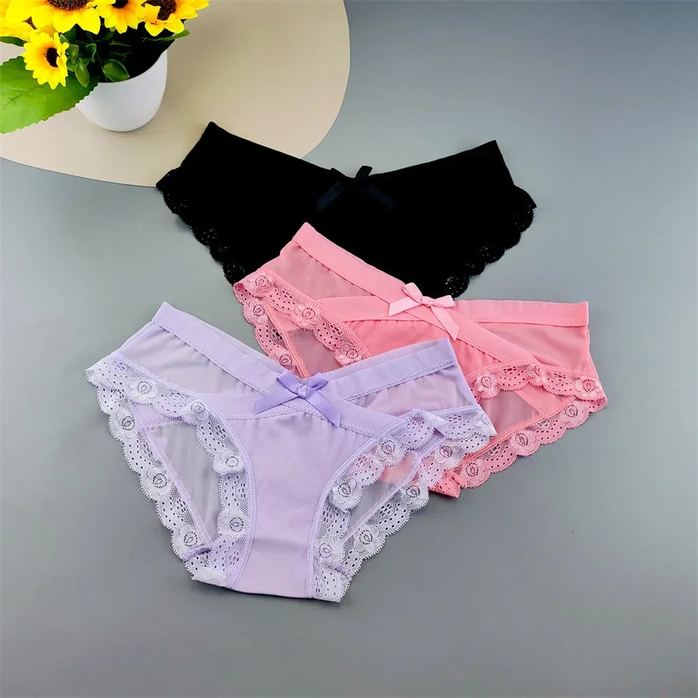 3 Pieces Hot Comfortable Mesh Briefs Women Sexy Seamless Lace Trim Underwear Cute Bow Ladies Breathable Briefs Plus Size