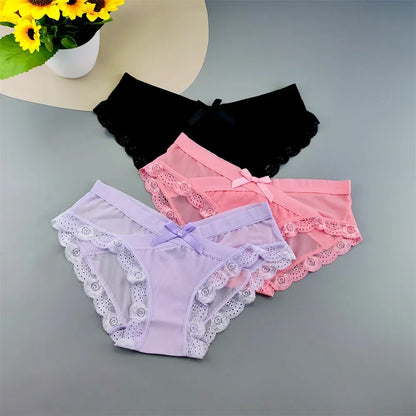 3 Pieces Hot Comfortable Mesh Briefs Women Sexy Seamless Lace Trim Underwear Cute Bow Ladies Breathable Briefs Plus Size
