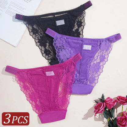 3PCS Sexy Women's Underwear Semi-transparent Hollow Out Lace Floral Panties Two Shiny Belts Underpants Female Briefs Lingerie