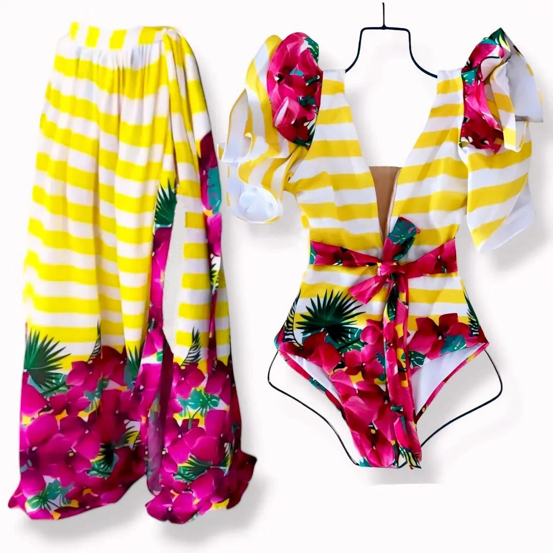 2025 New 2-Piece Shoulder Ruffle Swimsuit With Cover Up Sexy Women Swimwear Push Up Biquini Bathsuit Bodysuit Beachwear Dress