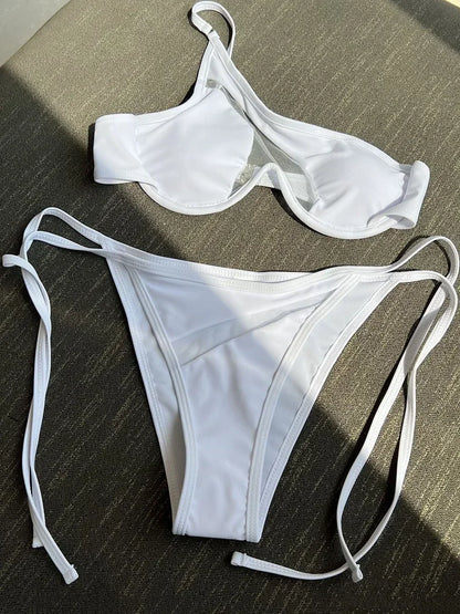 Splicing Mesh One Shoulder Underwire V-bar Bikini Women Swimsuit Female Swimwear Two pieces Bikini set Push Up Bathing suit Swim