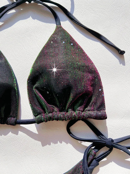 Sexy Shiny Gradient Purple Halter Strappy Bikini Female Swimsuit Women Swimwear Two-pieces Bikini Set Bather Bathing Suit Swim