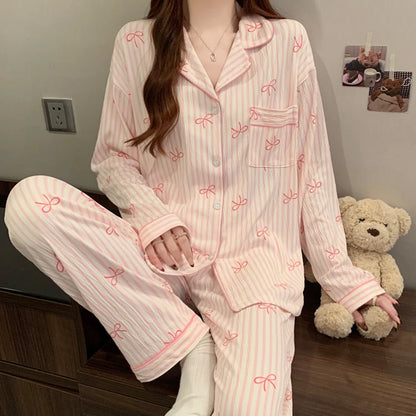 Pink Bow Tie Design Pajamas for Women Long Sleeve Top & Elastic Waist Pants Pajamas Set Harajuku Style Casual New Home Wear