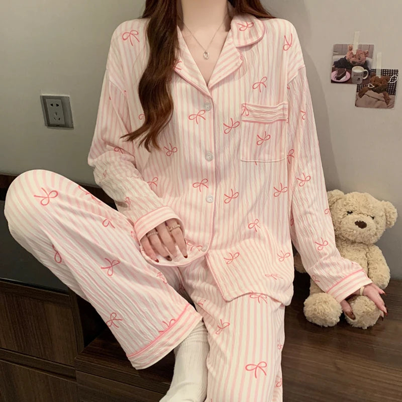 Pink Bow Tie Design Pajamas for Women Long Sleeve Top & Elastic Waist Pants Pajamas Set Harajuku Style Casual New Home Wear