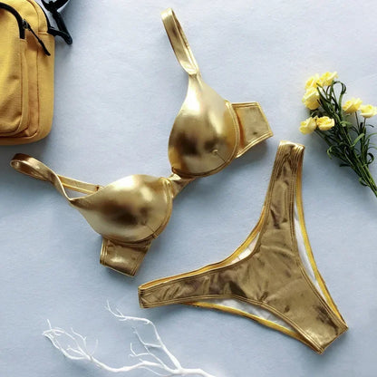 Metallic Summer Push Up Padded Bra Bathing Suit Beach Wear Women Sexy Thong Bikini Set Silver Gold  Biquini Swimwear